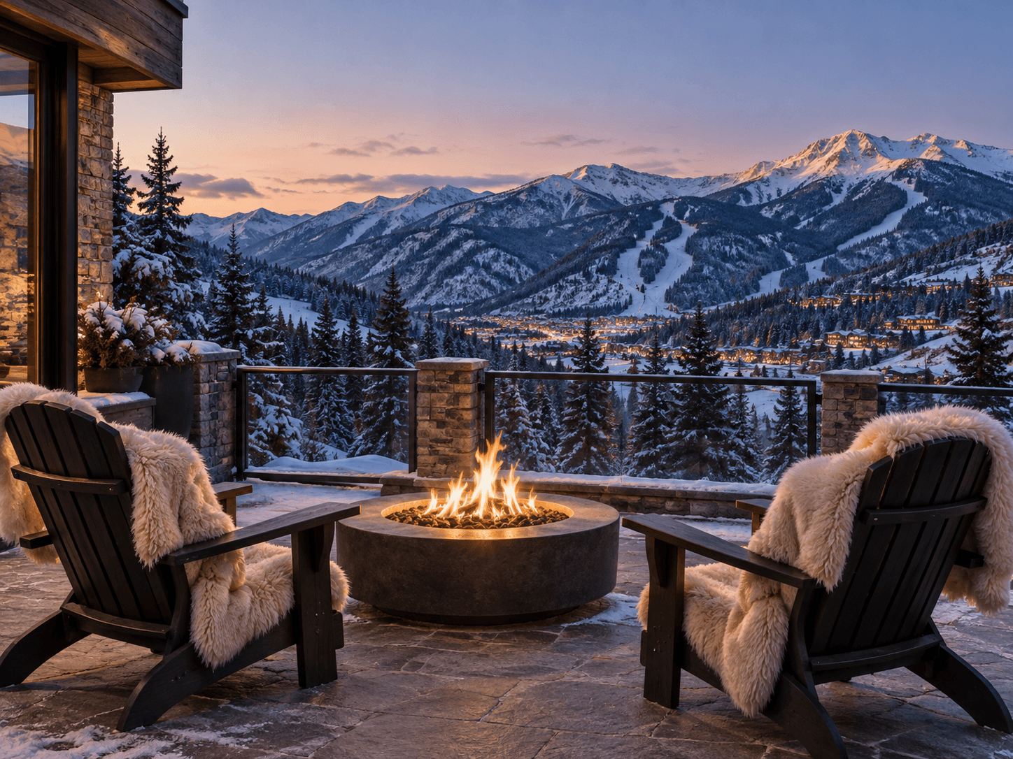 Adirondack chairs around a fire pit overlooking snow-covered Vail mountains at dusk
